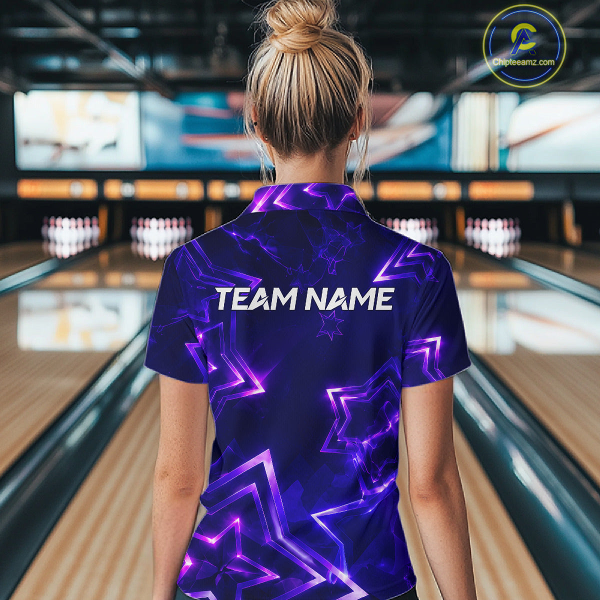 Custom Neon Purple Star Bowling Shirt for Women Bowling Jersey Polo & Quarter-Zip QZT1025