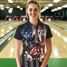 Load image into Gallery viewer, Woman wearing a custom bowling shirt with a graphic design in a bowling alley.