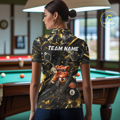 Custom Black & Gold Billiard Shirt Funny Pig 8 Ball Pool Team Jersey for Women Polo & 1/4 Zip BHT108