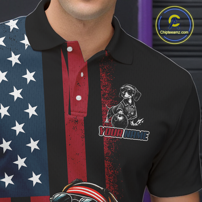 Black polo shirt with American flag design and dog graphic, featuring 'Chipleemaz.com' logo.