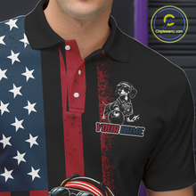 Load image into Gallery viewer, Black polo shirt with American flag design and dog graphic, featuring 'Chipleemaz.com' logo.