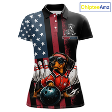 Load image into Gallery viewer, Polo shirt with a dachshund bowling design and American flag pattern, brand 'ChipteeAmz' visible.