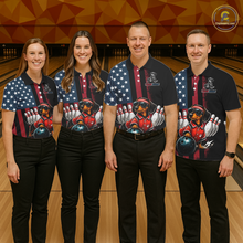 Load image into Gallery viewer, Four people wearing matching bowling shirts in a bowling alley.