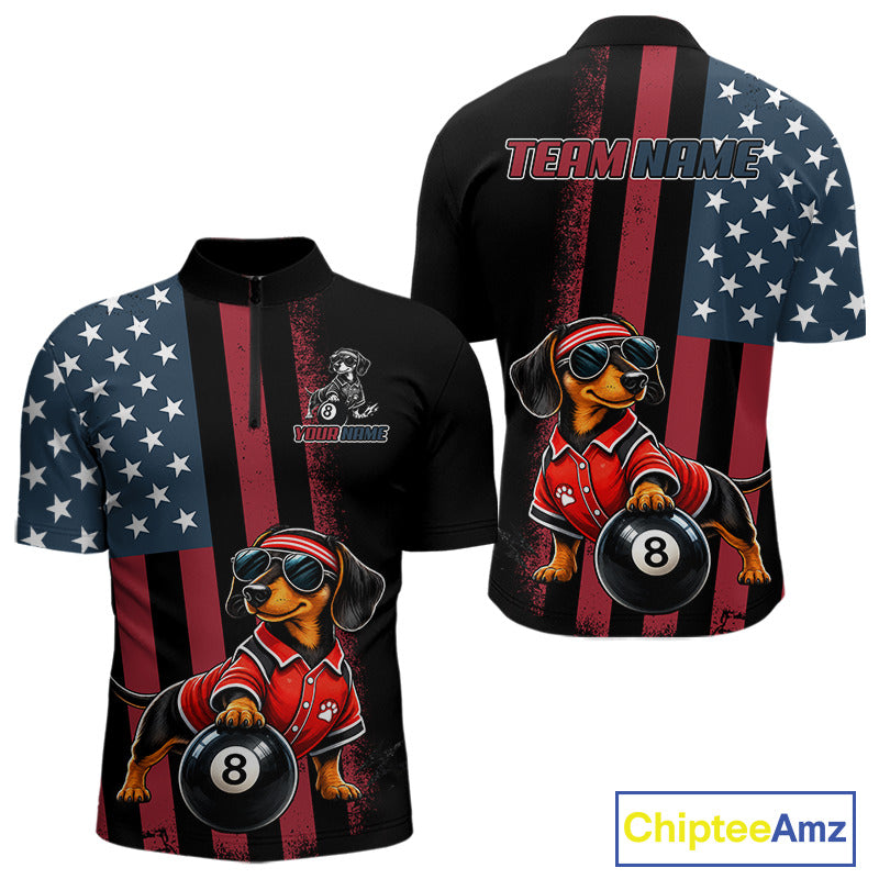 Front and back views of a black short-sleeve quarter-zip shirt with a patriotic American flag design, featuring a cartoon dachshund wearing a red racing jersey and sunglasses while holding an 8-ball. The back has a placeholder text 'TEAM NAME' at the collar.