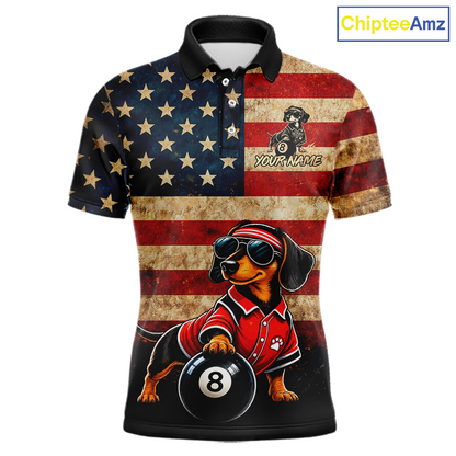 A short-sleeve polo shirt with a distressed American flag design in red, blue, and beige, featuring a dachshund wearing a red polo and sunglasses while holding an 8-ball. The shirt has a black collar and cuffs, and a 'ChipteeAmz' logo is visible in the top right corner.