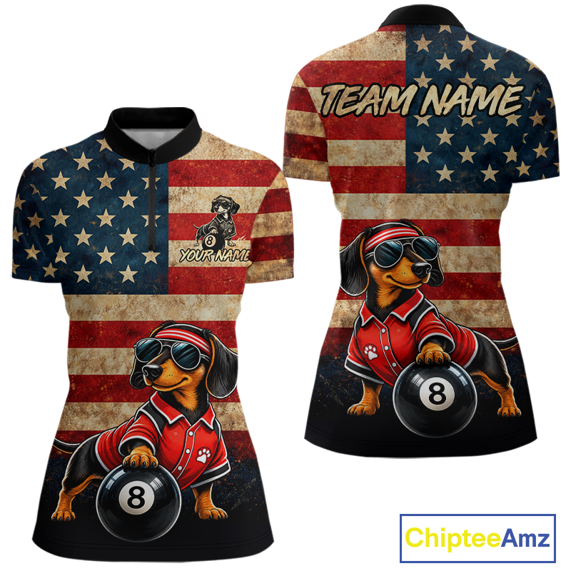 Custom Retro American Flag Dachshund Billiard Team Shirt for Women 8 Ball Pool Jersey Polo & 1/4-Zip Outfit BHT81