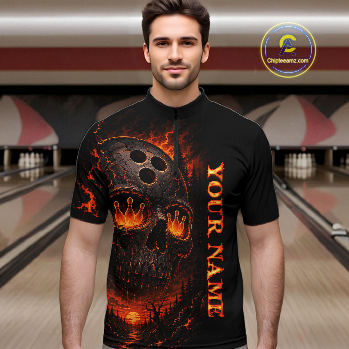 Man wearing a black bowling shirt with fiery design and 'Your Name' text in a bowling alley.