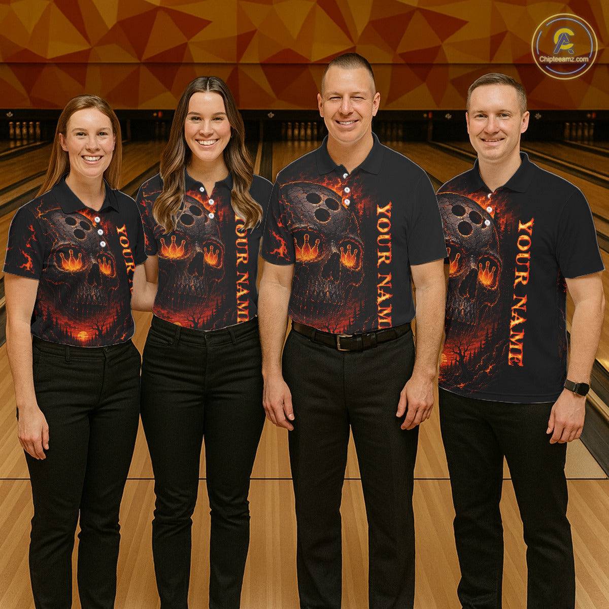 Four people wearing matching bowling shirts with a skull design on a bowling alley.