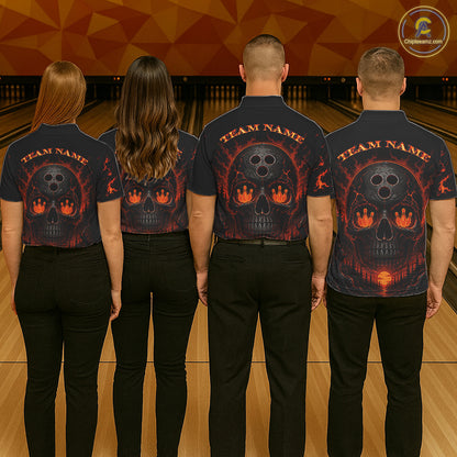 Four people wearing shirts with a skull design and 'Team Name' text on a bowling alley background.