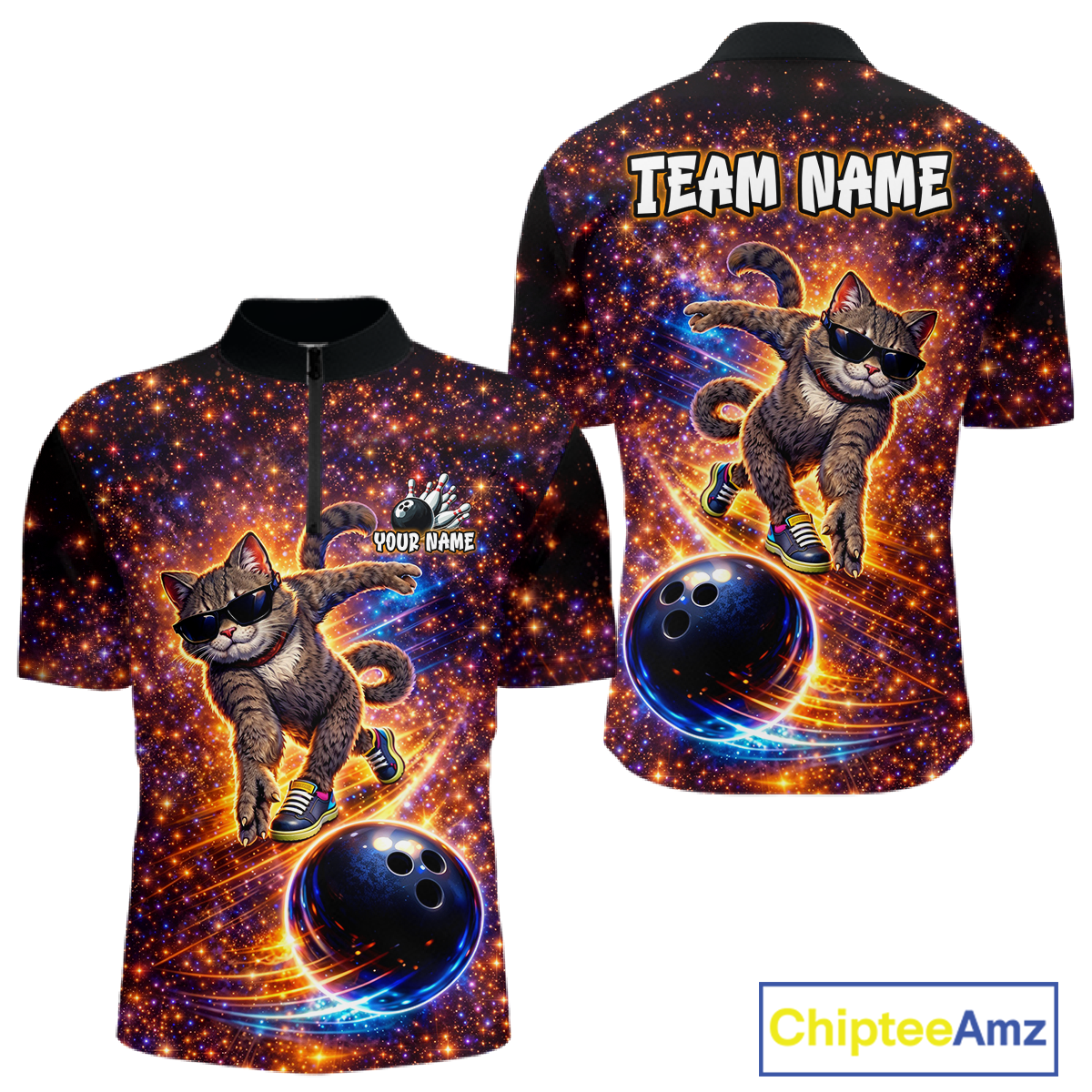 Custom Galaxy Funny Cat Bowling Shirt for Men Bowling League Jersey Polo & Quarter-Zip Bowling Outfit QZT917