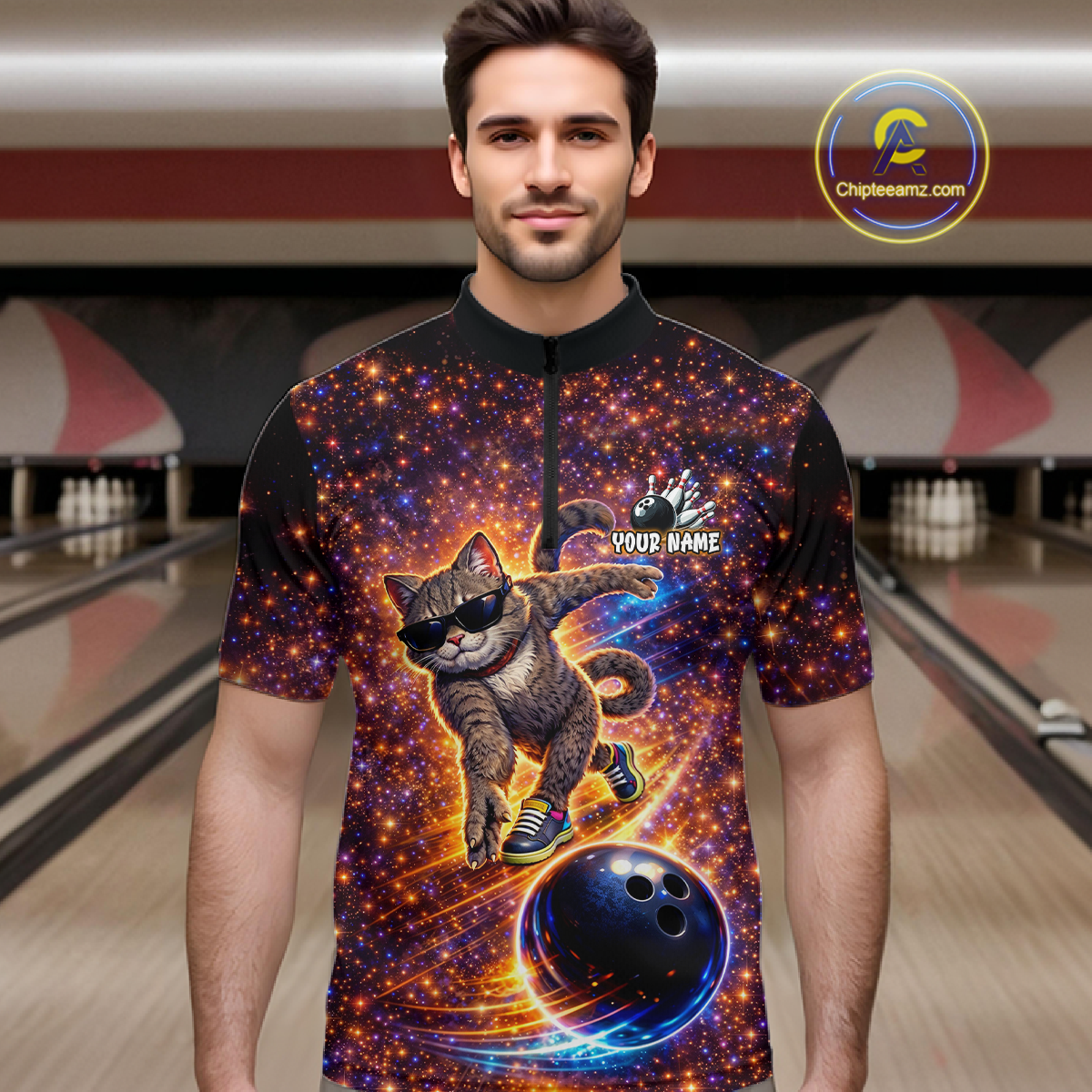 Custom Galaxy Funny Cat Bowling Shirt for Men Bowling League Jersey Polo & Quarter-Zip Bowling Outfit QZT917
