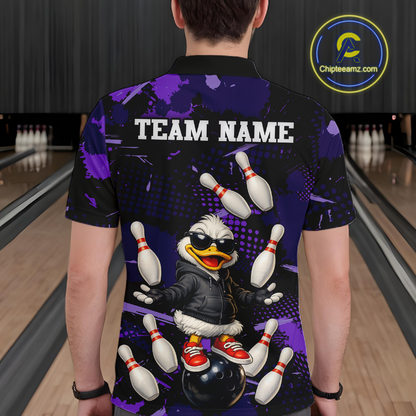 Custom Purple Funny Duck Bowling Shirt for Men Bowling Jersey Polo & 1/4 Zip Bowling Outfit QZT943