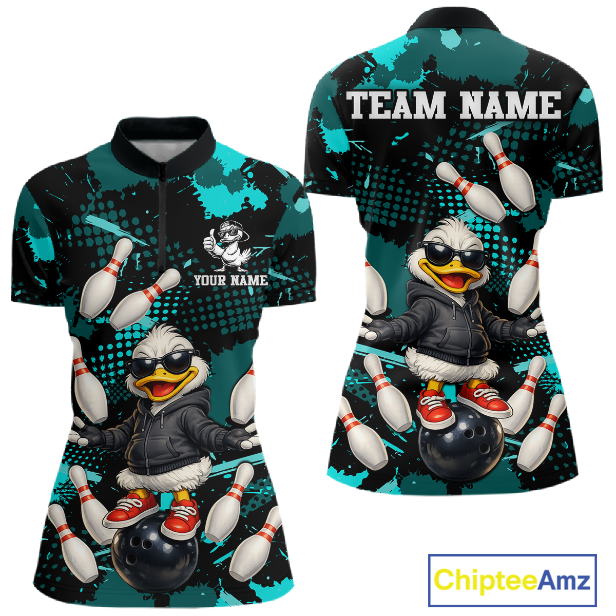 Custom Turquoise Funny Duck Bowling Shirt for Women Bowling Jersey Polo & 1/4 Zip Bowling Outfit QZT943