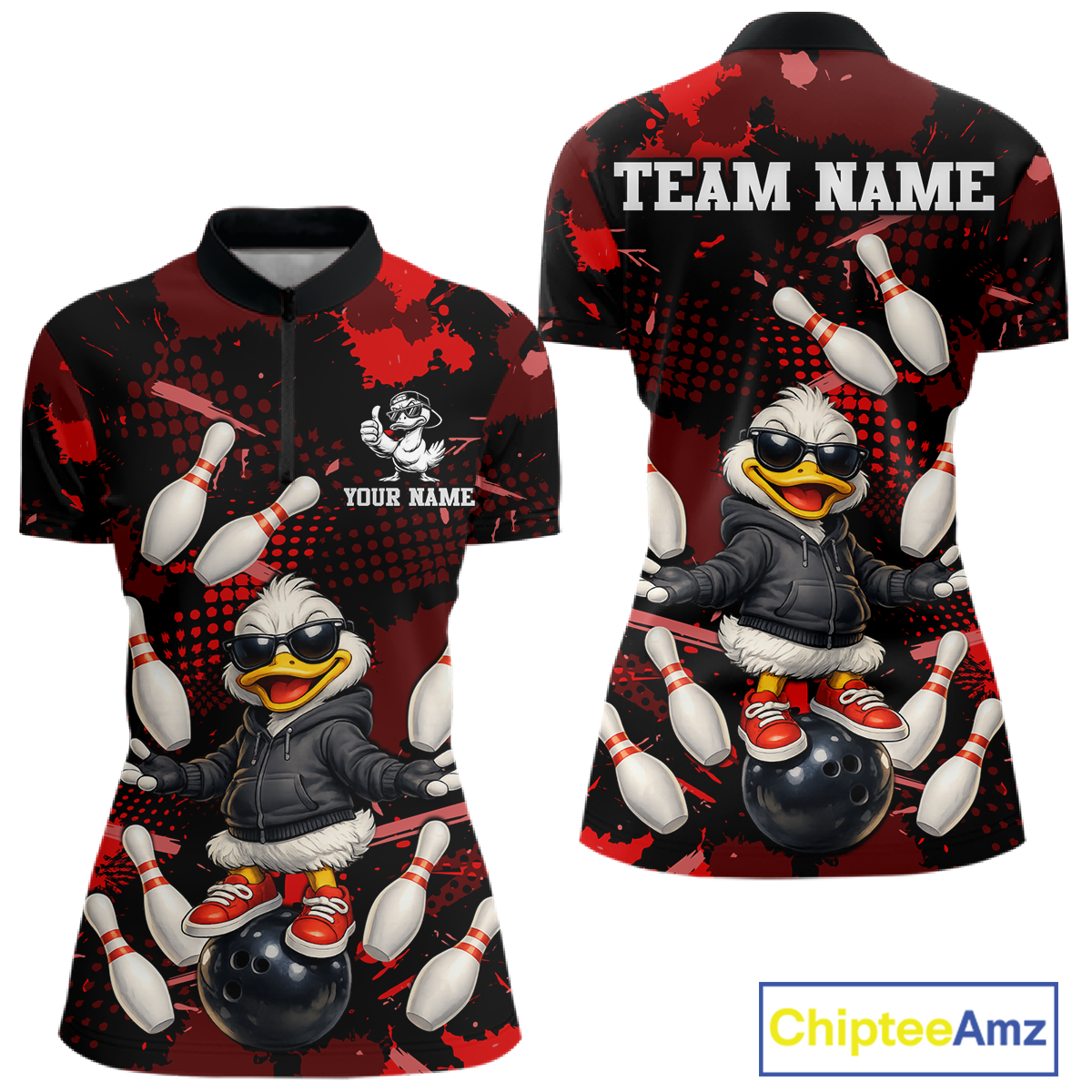 Custom Red Funny Duck Bowling Shirt for Women Bowling Jersey Polo & 1/4 Zip Bowling Outfit QZT943