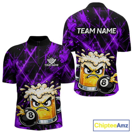 Custom Purple Funny Beer Billiard Shirt for Men Billiard Jersey 8 Ball Pool Shirt Outfit BHT23