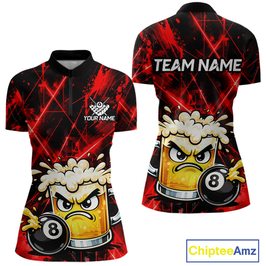 Custom Red Funny Beer Billiard Shirt for Women Billiard Jersey 8 Ball Pool Shirt Outfit BHT23
