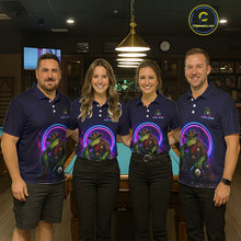 Load image into Gallery viewer, Four people wearing matching blue polo shirts with a colorful frog graphic in a bar setting.