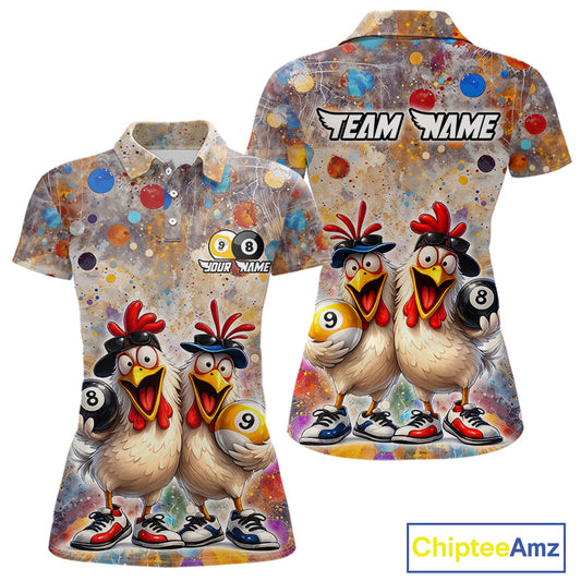 Custom Funny Chicken Billiard Shirt for Women Colorful 8 Ball & 9 Ball Shirt Buddy Billiard Jersey BHT42