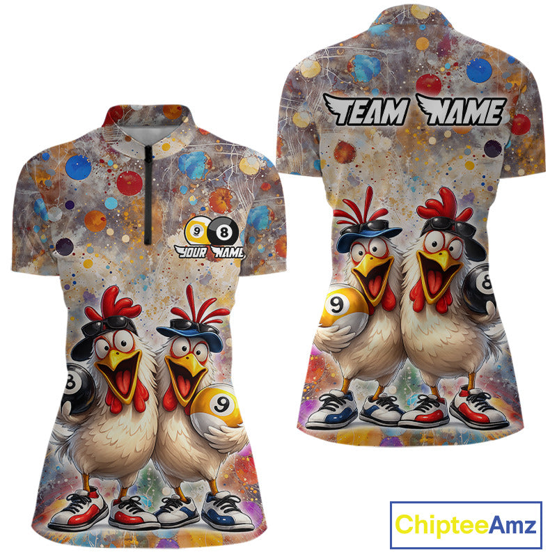 Custom Funny Chicken Billiard Shirt for Women Colorful 8 Ball & 9 Ball Shirt Buddy Billiard Jersey BHT42