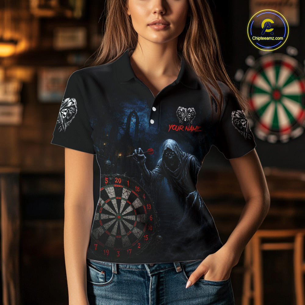 Custom Red Dart Polo Shirt for Women Grim Reaper Throwing Darts Dark Gothic Dart Jersey DHT51