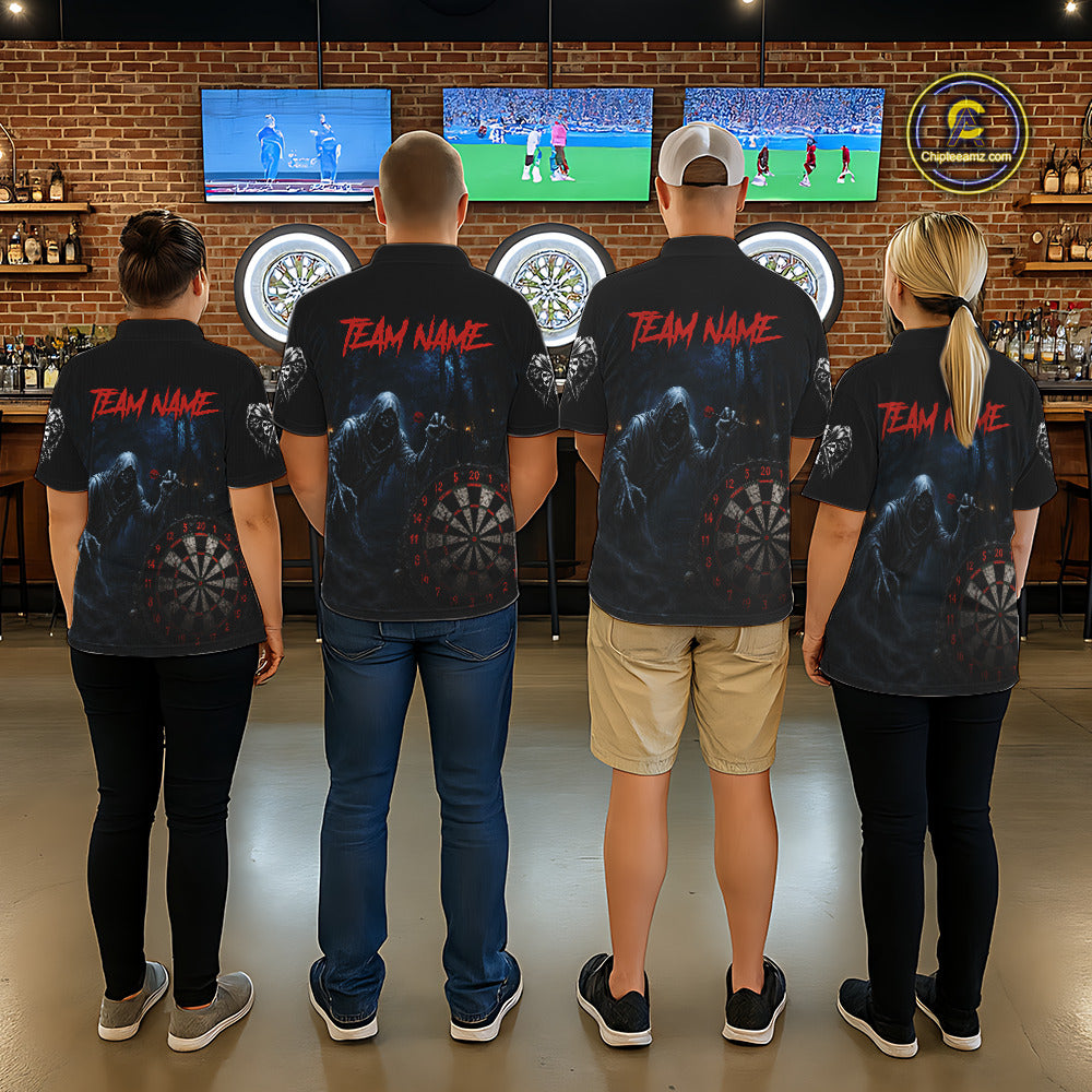 Custom Red Dart Polo Shirt for Women Grim Reaper Throwing Darts Dark Gothic Dart Jersey DHT51