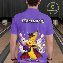 Load image into Gallery viewer, Person wearing a purple shirt with a cartoon banana character and bowling pins on a bowling alley background