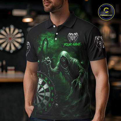 Custom Green Dart Polo Shirt for Men Grim Reaper Throwing Darts Dark Gothic Dart Jersey DHT55