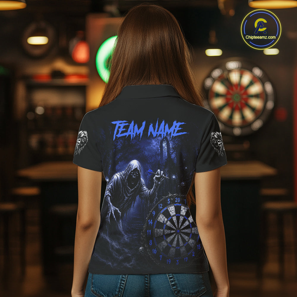 Custom Blue Dart Polo Shirt for Women Grim Reaper Throwing Darts Dark Gothic Dart Jersey DHT55