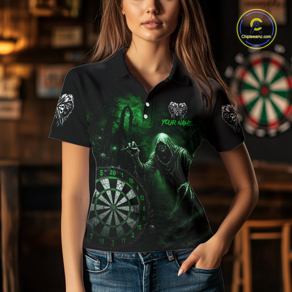 Custom Green Dart Polo Shirt for Women Grim Reaper Throwing Darts Dark Gothic Dart Jersey DHT55