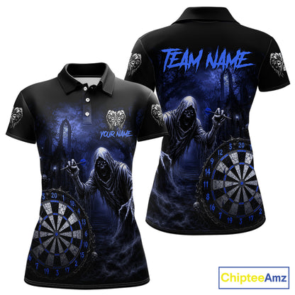 Custom Blue Dart Polo Shirt for Women Grim Reaper Throwing Darts Dark Gothic Dart Jersey DHT55