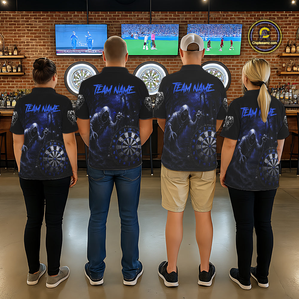 Custom Blue Dart Polo Shirt for Women Grim Reaper Throwing Darts Dark Gothic Dart Jersey DHT55