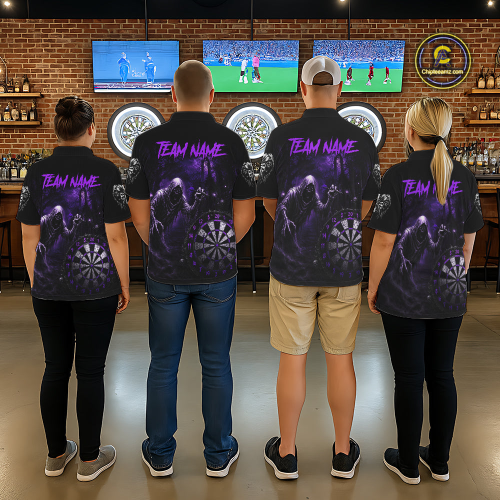 Custom Purple Dart Polo Shirt for Women Grim Reaper Throwing Darts Dark Gothic Dart Jersey DHT55