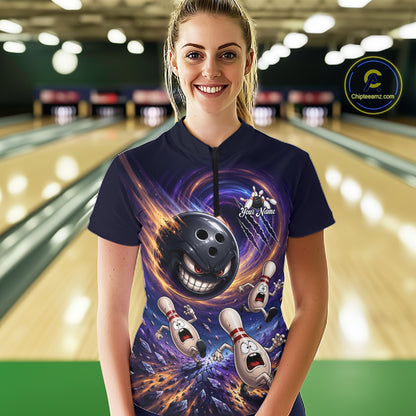 Custom Evil Bowling Ball & Funny Bowling Pins Bowling Shirt for Women Bowling Team Jersey Polo & 1/4 Zip QZT1221