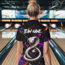 Load image into Gallery viewer, Person wearing a colorful bowling shirt with snake design and 'TEAM NAME' text in a bowling alley.