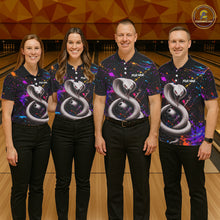 Load image into Gallery viewer, Four people wearing matching bowling shirts with a snake design on a bowling alley.