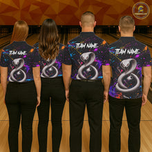 Load image into Gallery viewer, Four people wearing bowling shirts with snake design and 'Team Name' text on a bowling alley.