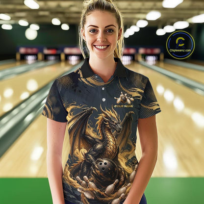 Black & Gold Dragon Bowling Jersey for Women Custom Bowling Team Shirt Polo & Quarter-Zip QZT1225