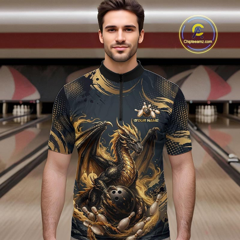 Black & Gold Dragon Bowling Jersey for Men Custom Bowling Team Shirt Polo & Quarter-Zip QZT1225