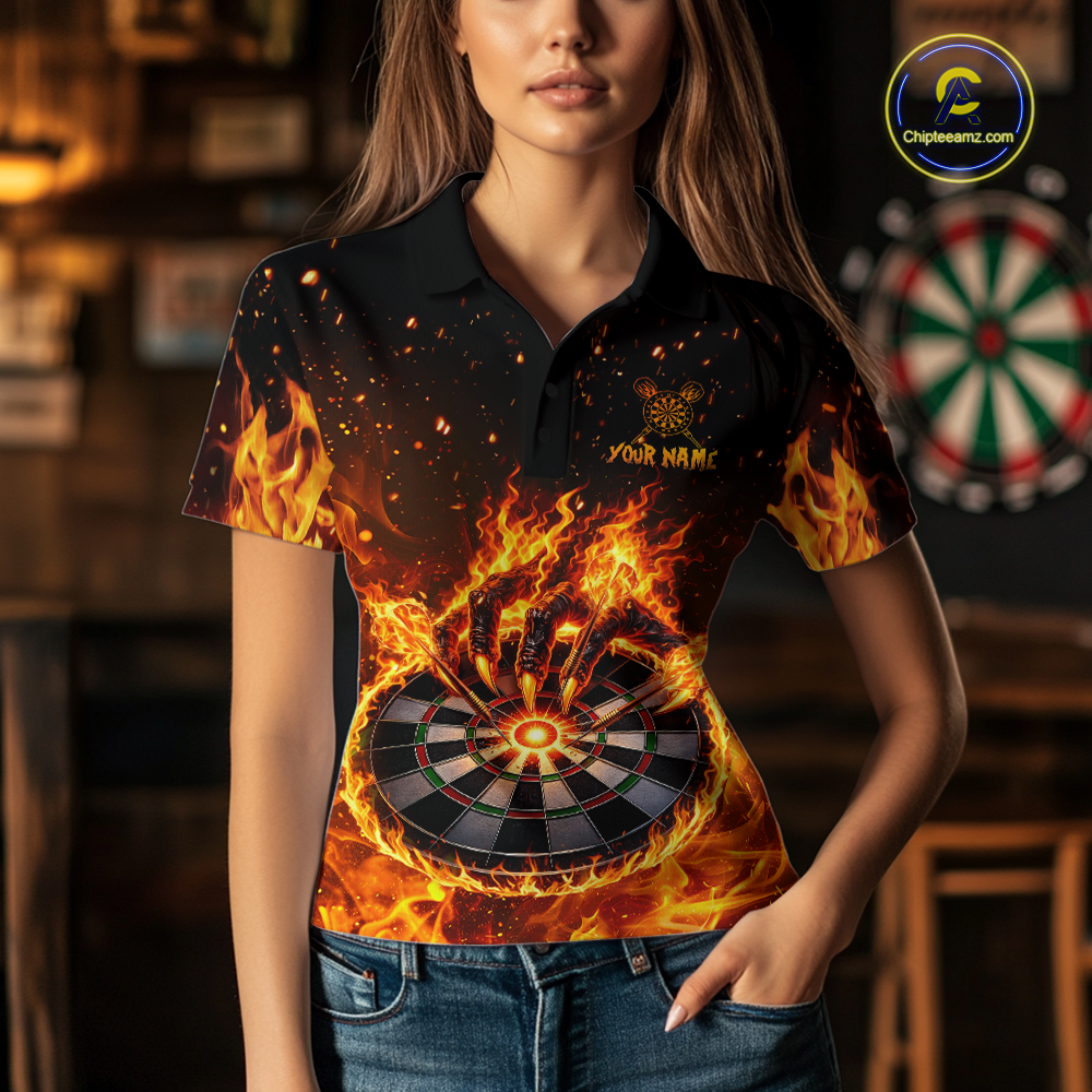 Custom Orange Flame Demon Hand Dart Shirt for Team Dart Jersey for Women Polo & 1/4 Zip DHT13