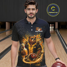Load image into Gallery viewer, Man wearing custom black &amp; gold bear bee &amp; beer bowling polo shirt, front view mockup, personalized bowling league jersey.