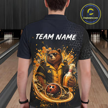 Load image into Gallery viewer,  Man wearing custom black &amp; gold bear bee &amp; beer bowling polo shirt, back view mockup with team name design.