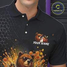 Load image into Gallery viewer,  Close-up collar view of custom black &amp; gold bear bee &amp; beer bowling polo shirt with personalized name detail.