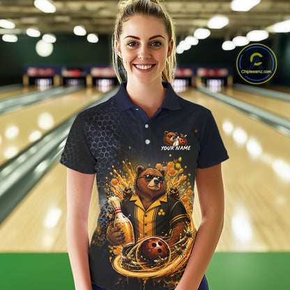 Women wearing custom black & gold bear bee & beer bowling polo shirt, front view mockup, personalized bowling league jersey.