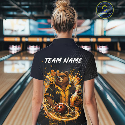Woman wearing custom black & gold bear bee & beer bowling polo shirt, back view mockup with team name design.