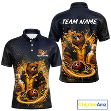Load image into Gallery viewer, Custom black &amp; gold bear bee &amp; beer bowling polo shirt, front and back views, bowling league jersey for men