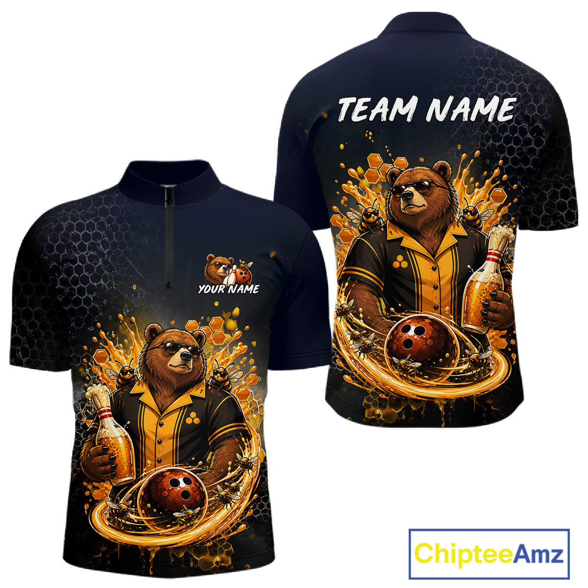  Custom black & gold bear bee & beer bowling quarter-zip shirt, front and back views, bowling league jersey for men