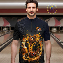 Load image into Gallery viewer,  Man wearing custom black &amp; gold bear bee &amp; beer bowling 1/4 zip shirt, front view mockup, personalized bowling league jersey.