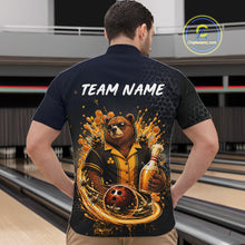 Load image into Gallery viewer,  Man wearing custom black &amp; gold bear bee &amp; beer bowling 1/4 zip shirt, back view mockup with team name design.