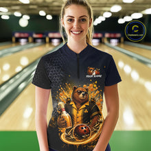 Load image into Gallery viewer, Women wearing custom black &amp; gold bear bee &amp; beer bowling 1/4 zip shirt, front view mockup, personalized bowling league jersey.