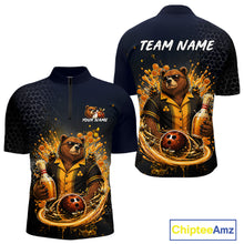 Load image into Gallery viewer,  Custom black &amp; gold bear bee &amp; beer bowling quarter-zip shirt, front and back views, bowling league jersey for men